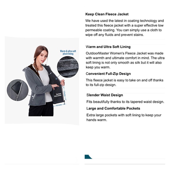 FLEECE ZIP JACKET HOODIE WOMEN’S M GRAY by OUTDOORMASTER Water & Stain Resistant - Picture 11 of 12